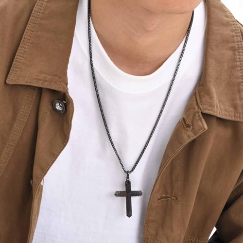 FLHEART Wooden Cross Bible Verse Necklace for Men, Hawaiian Handmade Real Black Ebony Wood Cross Pendant Stainless Steel Chain, Mens Cross Necklaces Koa Wood Jewelry Christian Baptism Easter Gifts - style: Matthew 19:26 - 1pc