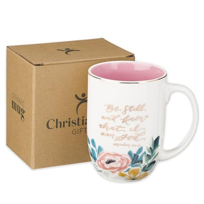 Christian Art Gifts Large Ceramic Coffee Mug: Psalm 46:10 Bible Verse - color: Be Still/White & Pink Floral
