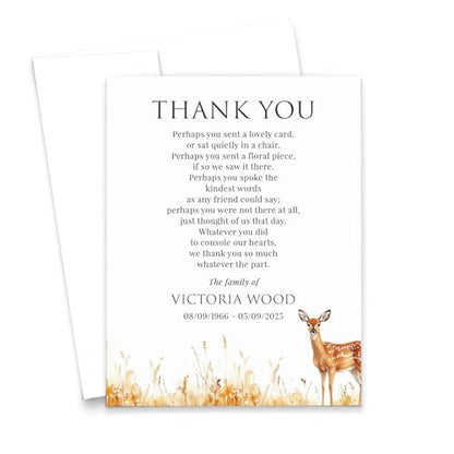 Modern Pink Paper Funeral Thank You Cards With Deer, FLAT Bereavement Thank You Notes With Envelopes Set Watercolor, Sympathy Acknowledgement Cards Nature Theme, Your Choice of Quantity & Color - color: Deer