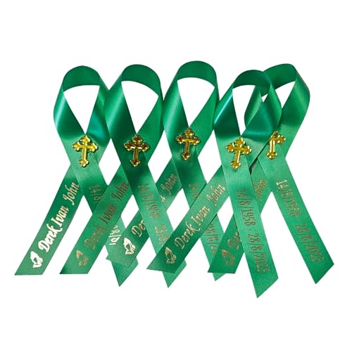 Personalized Memorial Service Funeral Ribbon Pins 20 Cross Religious Celebration of Life Custom Made Awareness Remembrance Anniversary Death Cross Sympathy Name Angel - color: Green