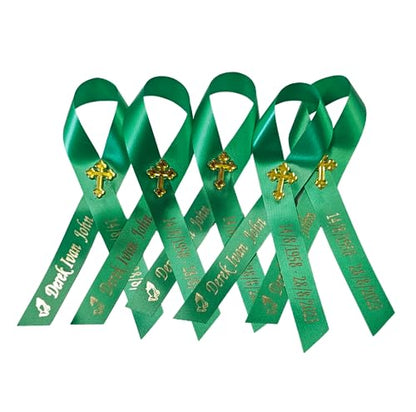 Personalized Memorial Service Funeral Ribbon Pins 20 Cross Religious Celebration of Life Custom Made Awareness Remembrance Anniversary Death Cross Sympathy Name Angel - color: Green