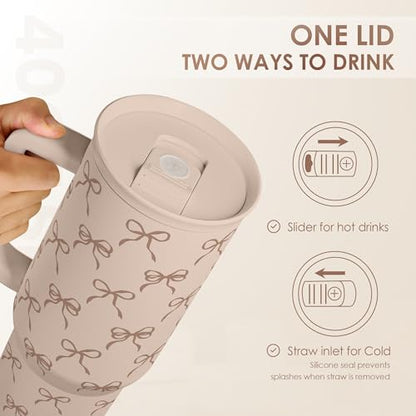 SANDJEST Bow Tumbler with Handle and Straw 40oz – Stainless Sleel Slider Tumbler Travel Coffee Mug for Women - Gift Idea for Birthday Christmas - color: Bow 1