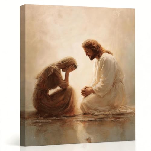 RTVJTERQ Biblical Scene Wall Art, Jesus Comforts Grieving Woman in Quiet Moment Painting, Spiritual Healing Wall Decor for Living Room Entryway 8x10 Inch - color: Patriotic 09