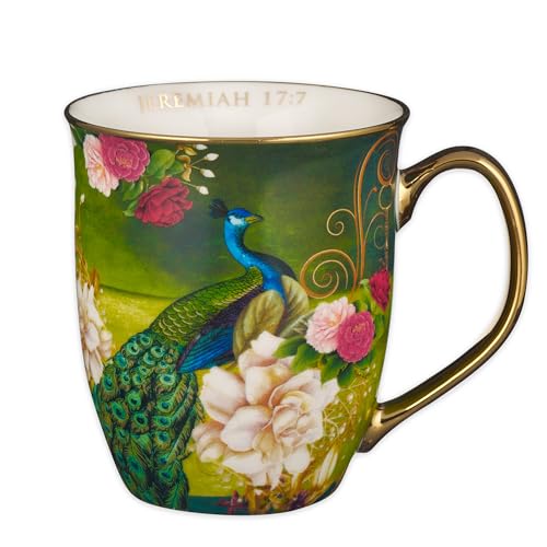 Christian Art Gifts Blue Peacock Ceramic Coffee Mug, Blessed, 14 oz. - color: Green/Blessed