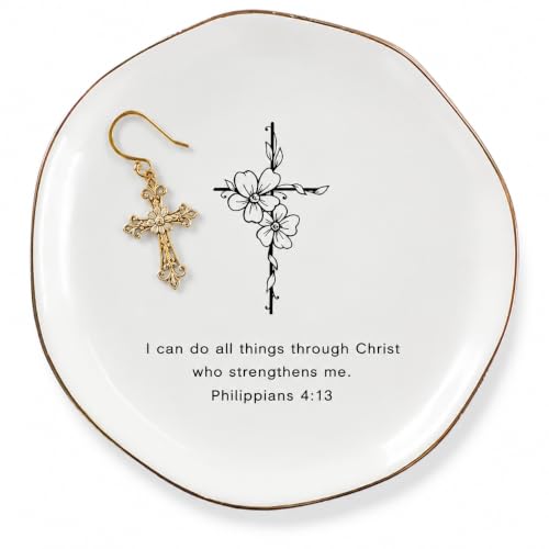 Christian Jewelry Dish with Bible Verse Ring Dish, Inspirational Scripture Ceramic Trinket Tray, Religious Gift for Women, Christian Gift for Friend - color: I Can Do All Things Through Christ Who Strengthens Me