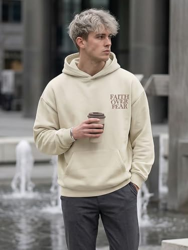 Faith Over Fear Hoodie Men Christian Sweatshirt Religious Sayings Pullover Vintage Bible Verse Inspirational Top - color: Apricot, size: XX-Large
