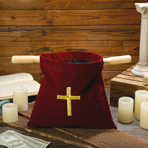 Abbylike Velvet Church Offering Bag with Wooden Handles 10 Inch Religious Offering Pouch Handle Church Collection Bag for Churches Communion Supplies (Red) - color: Red