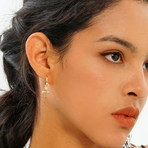 JINAO Cross Hoop Dangle Earrings for Men Women - color: Stainless Steel Gold