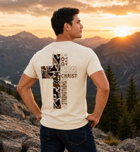 Christian Shirts for Men I Can Do All Things Through Christ Cross T-Shirt - color: Creamy Yellow, size: Small