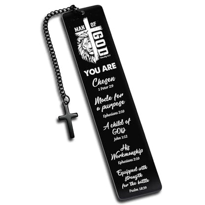 Bible Verse Metal Bookmark for Men, Man of God Christian Bookmark for Men, Religious Fathers Day Gift Scripture Book Mark with Cross Pendant for Husband Dad Reading Gifts