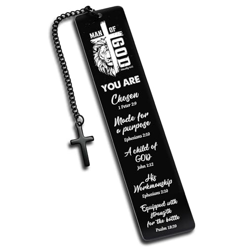Bible Verse Metal Bookmark for Men, Man of God Christian Bookmark for Men, Religious Fathers Day Gift Scripture Book Mark with Cross Pendant for Husband Dad Reading Gifts