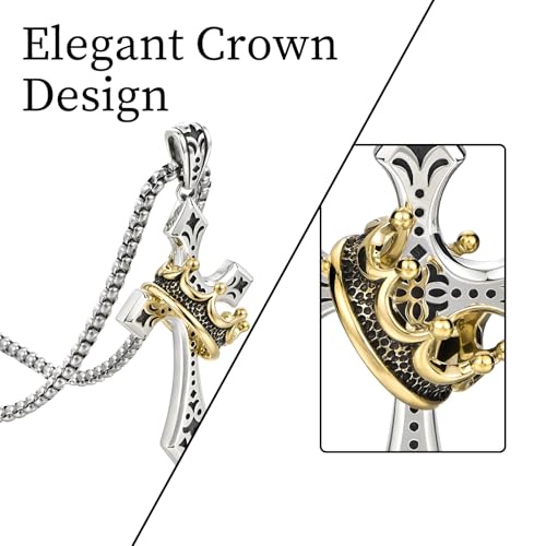 Elegant Cross Necklace for Men， Cross Pendant Necklace– Stainless Steel Chain with Detachable Crown Pendant
