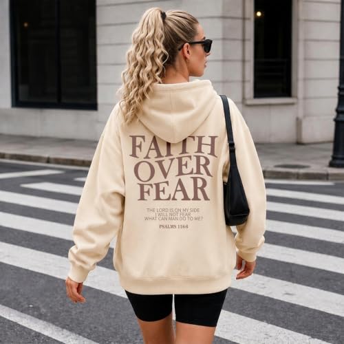 Wrenpies Faith Over Fear Hoodie for Women Christian Jesus Bible Verse Sweatshirt God Religious Oversized Tops - color: Apricot, size: Large