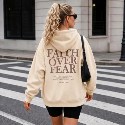 Wrenpies Faith Over Fear Hoodie for Women Christian Jesus Bible Verse Sweatshirt God Religious Oversized Tops - color: Apricot, size: X-Large