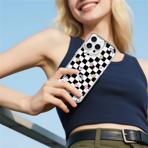 for iPhone 14 Pro Case [Compatible with Magsafe],Girls Women Clear Magnetic Case Silicone Shockproof Protective Cover with Pattern Checkerboard Flowers - color: Checkerboard Flowers, size: iPhone 14 Pro