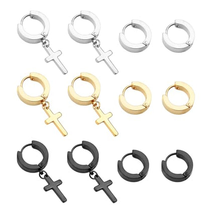Cross Earrings Dangle Hinged Stainless Steel Hoop and Stud Fashion Ear Jewelry for Men Women - size: 6 Pair