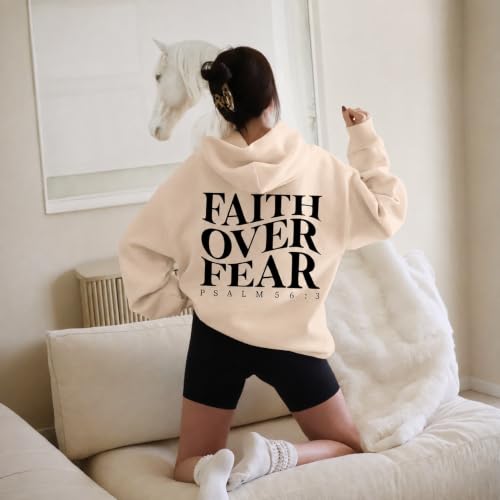 Faith Over Fear Christian Hoodies for Men Religious Jesus Hoodie Bible Verse Graphic Sweatshirt Fleece Pullover - color: Apricot, size: Small