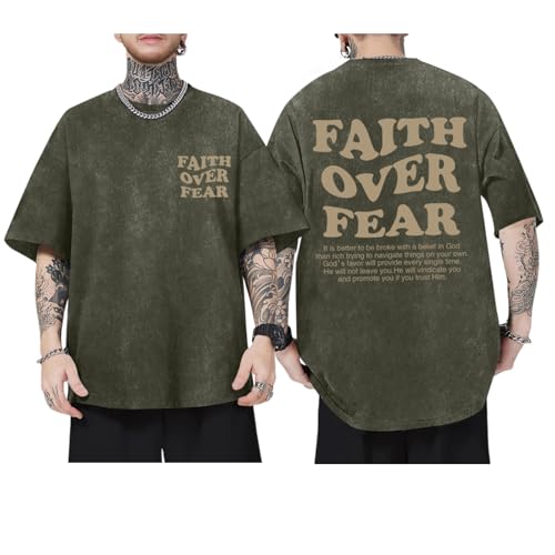 Christian Shirts for Men Faith Over Fear Oversized Tees - color: Army Green, size: Medium
