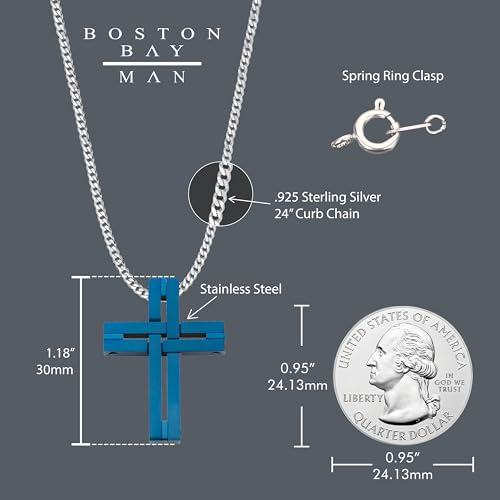 Men's Cross Pendant Necklace in 316L Stainless Steel Interlocking Woven Cross on 24” Curb Chain, Choice of Color - color: Blue Stainless Steel