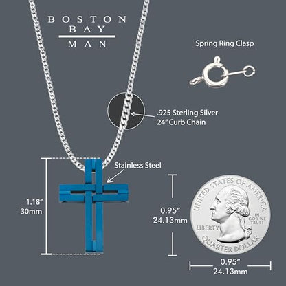 Men's Cross Pendant Necklace in 316L Stainless Steel Interlocking Woven Cross on 24” Curb Chain, Choice of Color - color: Blue Stainless Steel
