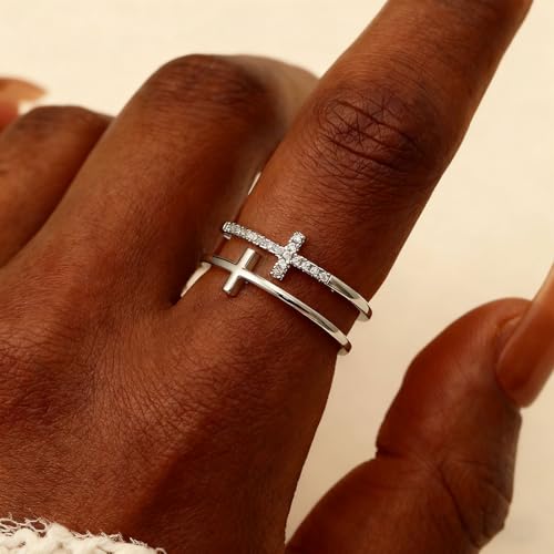 Sora Tuki Gold Cross Rings for Women Silver Adjustable Rings for Women Cubic Zirconia Heart Cross Purity Ring Dainty Stackable Ring for Women Christian Religious Jewelry - color: Silver, style: Double Cross