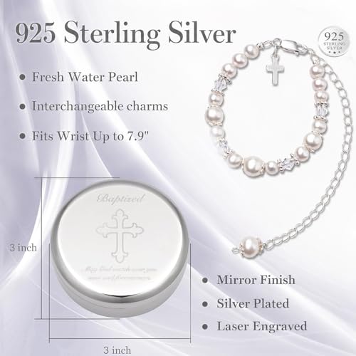 Tryuunion Baptism Bracelet in 925 Sterling Silver and Cultured Pearls for Baby Girls, with Silver-plated Jewelry Keepsake Box, Great Catholic Christening and Baptism Gifts for Girl - style: Basic Set
