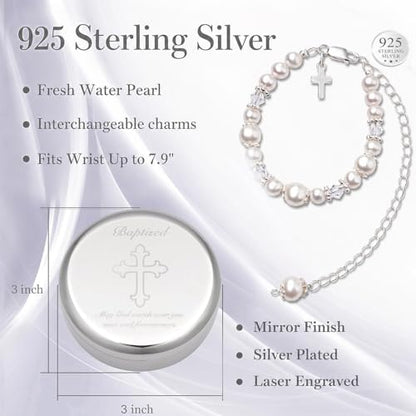 Tryuunion Baptism Bracelet in 925 Sterling Silver and Cultured Pearls for Baby Girls, with Silver-plated Jewelry Keepsake Box, Great Catholic Christening and Baptism Gifts for Girl - style: Basic Set