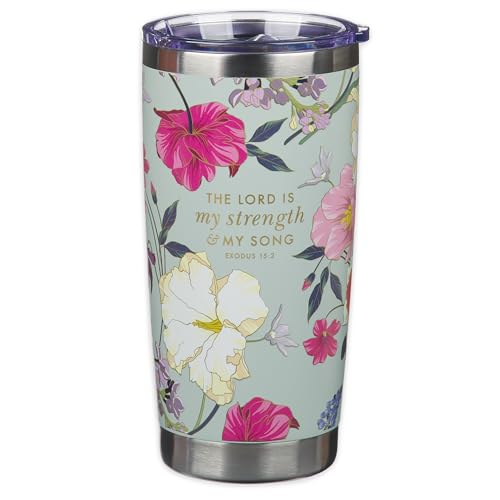 Christian Art Gifts Large Stainless Steel Scripture Travel Mug Tumbler for Women: Lord is My Strength Inspirational Bible Verse, Double Wall Vacuum Insulated w/Lid, Mint Green Multicolor Floral, 18oz. - color: Mint Green/Strength & Song