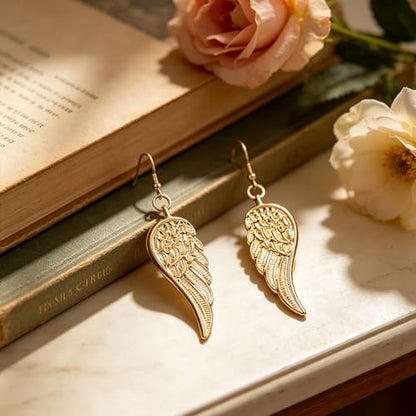 coadipress Angel Wing Earrings for Women Unique Silver Plated Fairy Feather Guardian Dangle Drop Hook Earrings Jewelry - color: Gold Light Wing