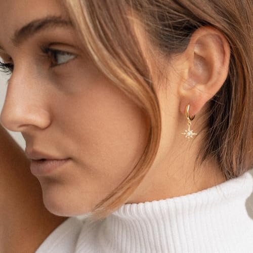 Dangle Earrings for Women, Dainty Huggie Hoop Dangle Earrings - color: Starburst 01 Dangle Gold