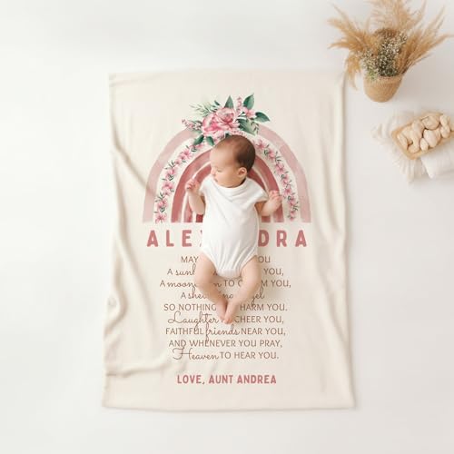 Christening Baby Blanket, Baptism Goddaughter Blanket, Watercolor Floral Pink Comforter, Communion Coverlet from Godmother, Monogram Throw Blankets Girls, Christian Blessing Blankets Present - color: #Ver10