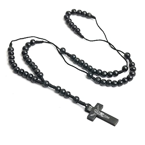 COLORFUL BLING Classic Natural Wood Beads Cross Pendant Necklace for Men Women Religious Rosary Jewelry Handmade Prayer Accessories - color: S5 black