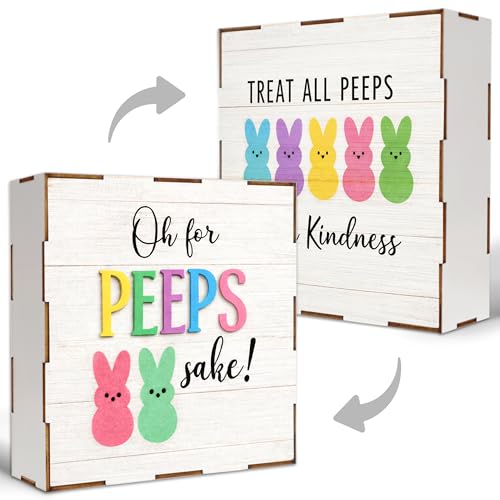 DIY Funny Bunny Wooden Box Sign, Reversible Double-Sided Easter Table Decor, Peeps Decor, Easter Decorations For Office Home Bathrooom Desk, Oh For Peeps Sake, Easter Gifts For Coworkers - color: Easter Sign