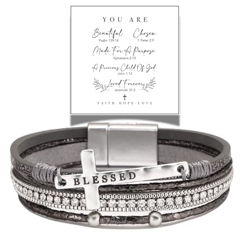 LINGYUAN Cross Bracelet for Women, Leather Religious Christian Jewelry - color: Gray