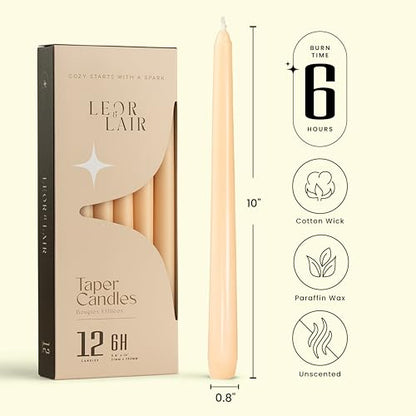 Leor & Lair Beige Taper Candles, 12 Pack, 10" Long Candlesticks, Unscented - color: Beige