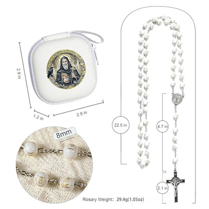Handmade Rosary Beads for Women, Elegant Catholic Gifts for First Communion, Confirmation & Spiritual Prayer, Unique Beaded Rosary Necklace with Zippered Case - color: White - St.Benedict