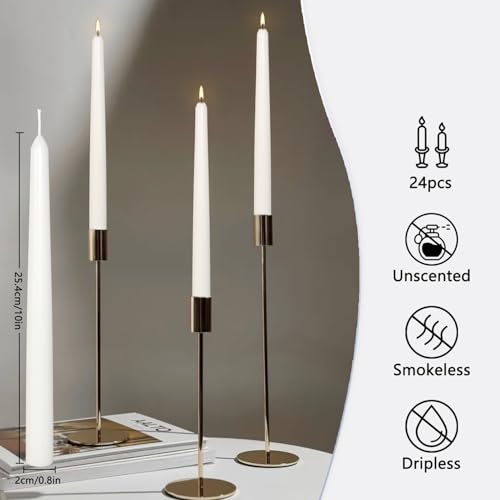 24Pack 10inch White Taper Candles-Dripless, Smokeless and Unscented Candle-Long Burning 8-9 Hours for Home décor, Candlesticks, Dinner Table, Halloween,Vigil, Advent, Christmas, Thanksgiving, Kwanzaa - color: White, size: 24Pack