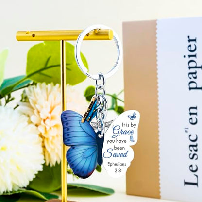 Butterfly Christian Keychain Women Cross Bible Verse Keychain Butterfly Purse Charm Inspirational Religious Gifts - color: Blue