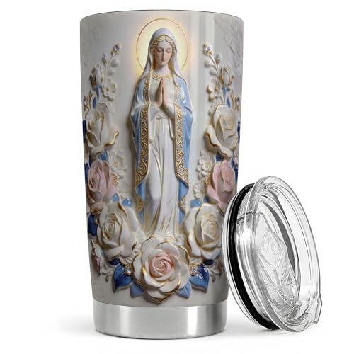 Virgin Mary Blue Rose Statue Art 20oz Tumbler, Virgin Mary Tumbler for Daily Drinkware, Halo Floral Frame Illustration, Catholic Devotional Cup, Religious Design for Women Men Use - color: Virgin Mary 1