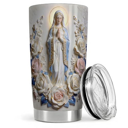 Virgin Mary Blue Rose Statue Art 20oz Tumbler, Virgin Mary Tumbler for Daily Drinkware, Halo Floral Frame Illustration, Catholic Devotional Cup, Religious Design for Women Men Use - color: Virgin Mary 1