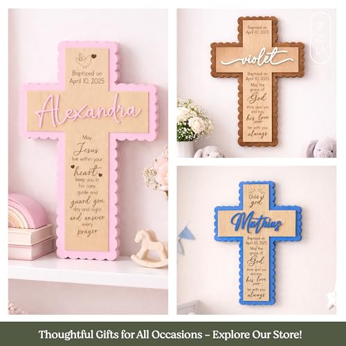 SugoiDesign Personalized Baptism Cross Gifts for Girls Boys | Custom Wooden Cross for Wall | Baby Boy Baptism Gift | Catholic Baptism Keepsake | First Communion Cross Decor Personalized Wood Cross