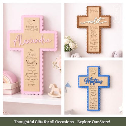 SugoiDesign Personalized Baptism Cross Gifts for Girls Boys | Custom Wooden Cross for Wall | Baby Boy Baptism Gift | Catholic Baptism Keepsake | First Communion Cross Decor Personalized Wood Cross