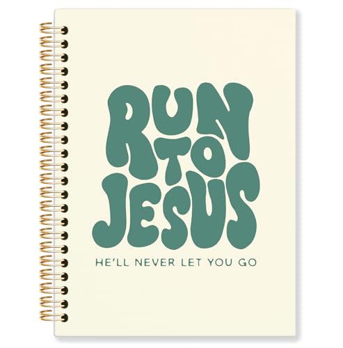 Beige and Green Christian Spiral Notebook, Run to Jesus Bible Verse Journal, Religious Scripture Journals for Writing, Bible Notebooks for Note Taking, Church Notes Journal, 5.5x8.3 Inch - color: God-Beige and