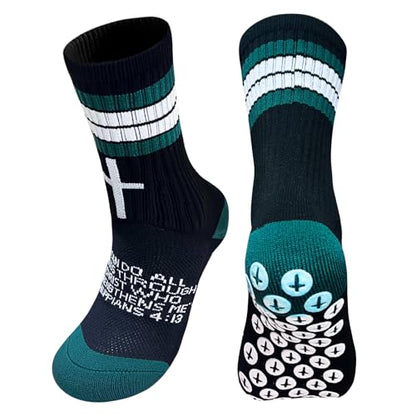 3 Pairs Cross Socks with Bible,Philippians 4: 13 Christian Socks US 6-13, Grip Sport Sock for Football, Soccer, Gym - color: Black Green