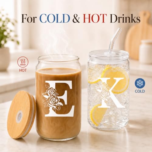 Personalized Cups, Custom Initial Tumbler, Cute Glass Tumbler, 16 oz Iced Coffee Cup, Personalized Gifts for Women, Letter Q Cup with Bamboo Lid and Glass Straw, Cute Coffee Drinkware - style: Q