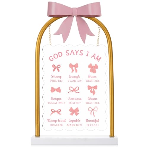 Pink Bow Room Decor, Pink Bow Christian Metal Hanging Wood Sign, Inspirational Bible Verse Quotes Gifts for Women, Coquette Centerpieces Decor for Office Desk Accessories
