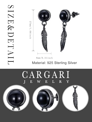 Black Dangle Drop Earrings 925 Sterling Silver Black Onyx Stud Earrings Viking Rune Jewelry Gift for Women Men - color: A04-Feather
