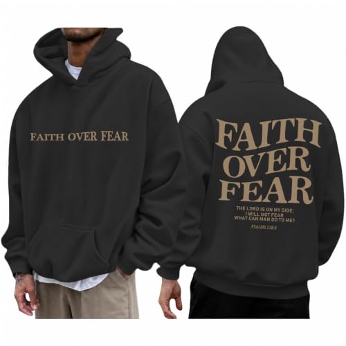 Mens Christian Faith Over Fear Hoodie Jesus Religious Graphic Hoodies Inspirational Bible Verse Vintage Sweatshirt - color: Black, size: Medium
