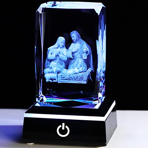 YWHL 3D Crystal Nativity Scene Figurines with Colorful Base Laser Engraved Holy Family Statues for Religious Gifts for Women Men on Christmas Christian Catholic Church Collectible Keepsakes - color: Nativity Set