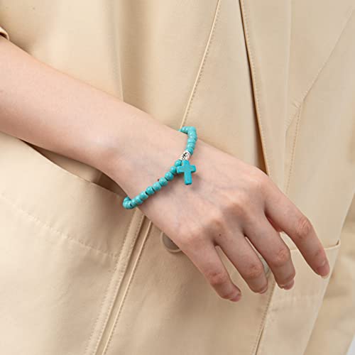 Softones 6mm Bead Cross Pendant Bracelet for Women Healing Stone Stretch Prayer Bracelet for Women,with Gift Box - color: Turquoise